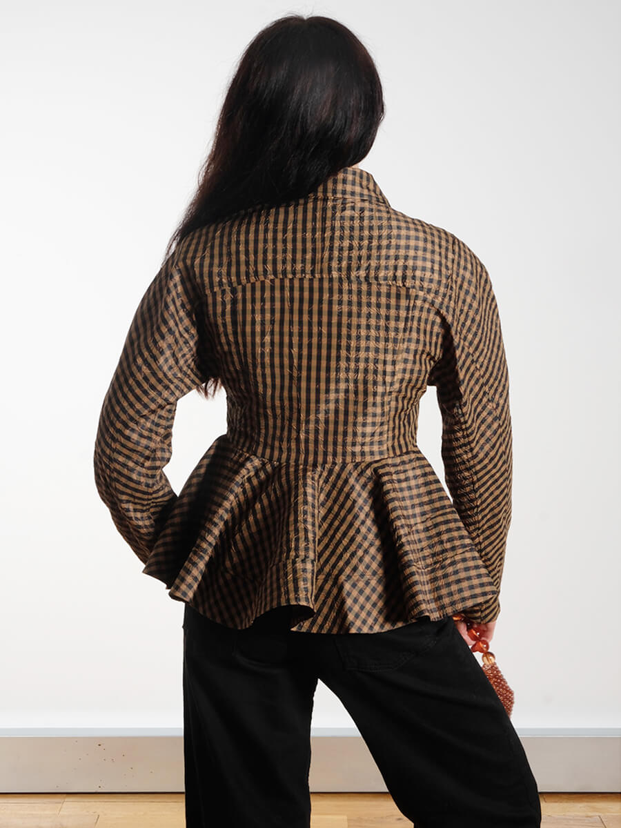 Ganni Crinkled Check Peplum Shirt - Tobacco Brown
