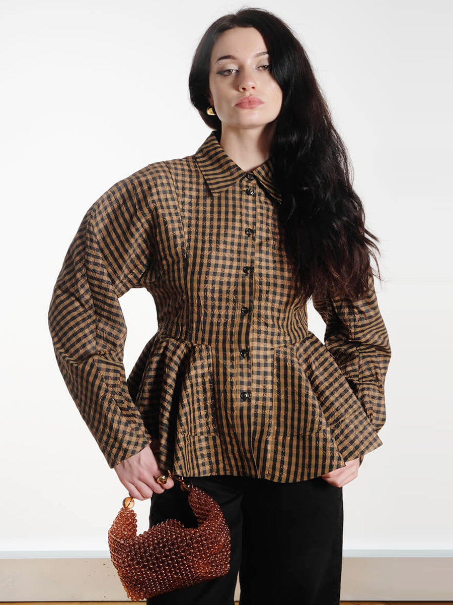 GANNI
Crinkled Check Peplum Shirt - Tobacco Brown