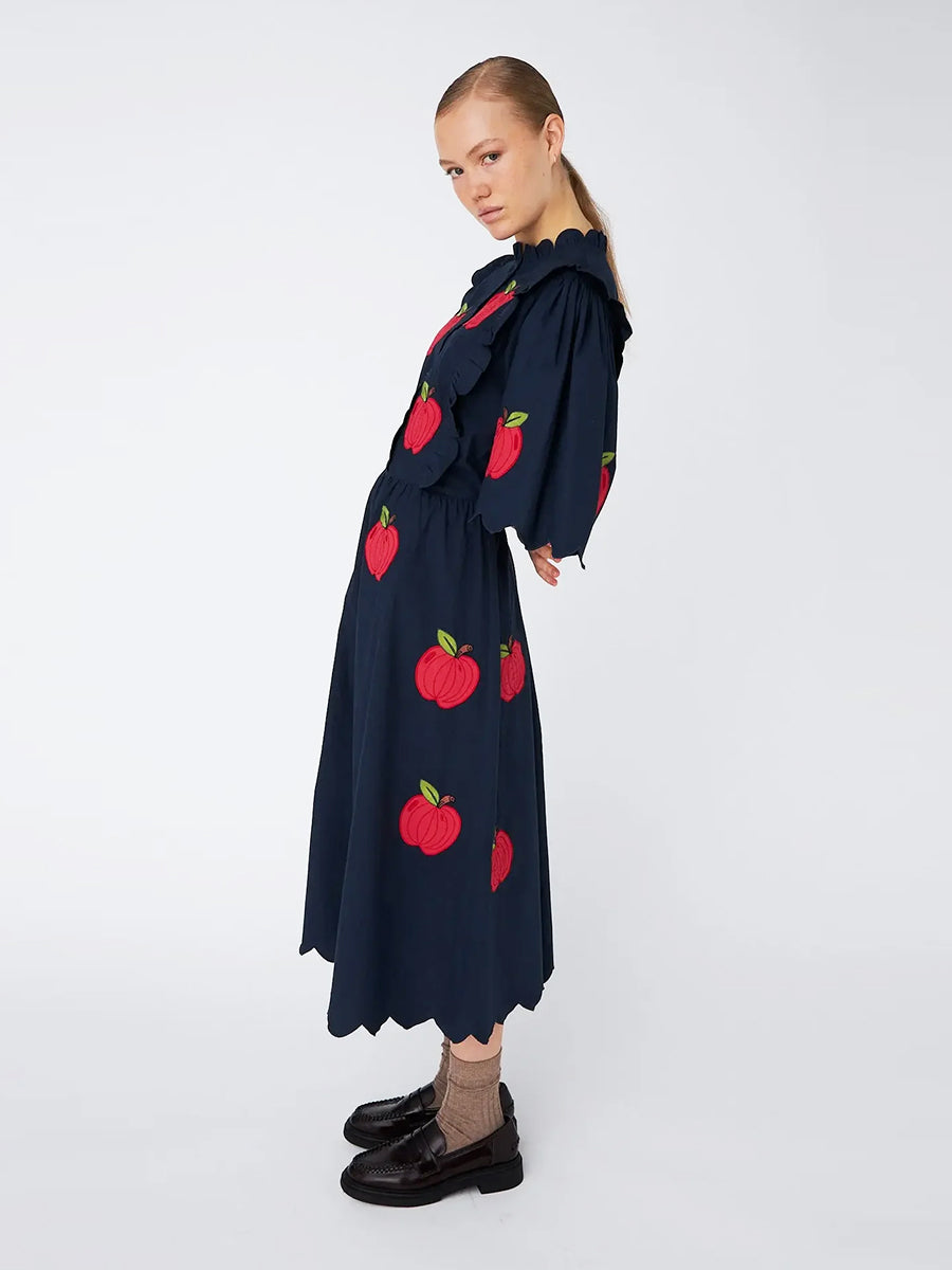 Embroidered Cotton Midi Dress - Navy