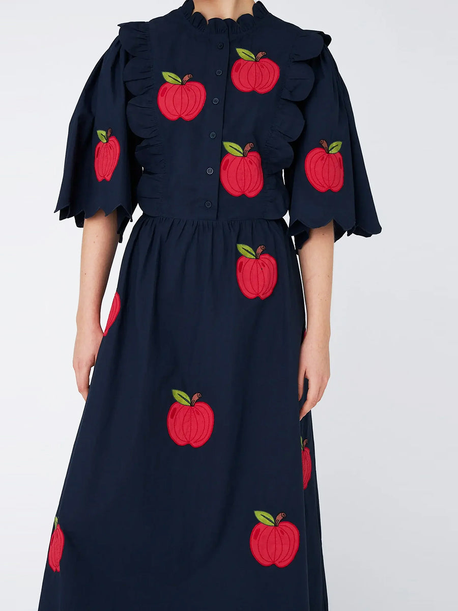 Embroidered Cotton Midi Dress - Navy