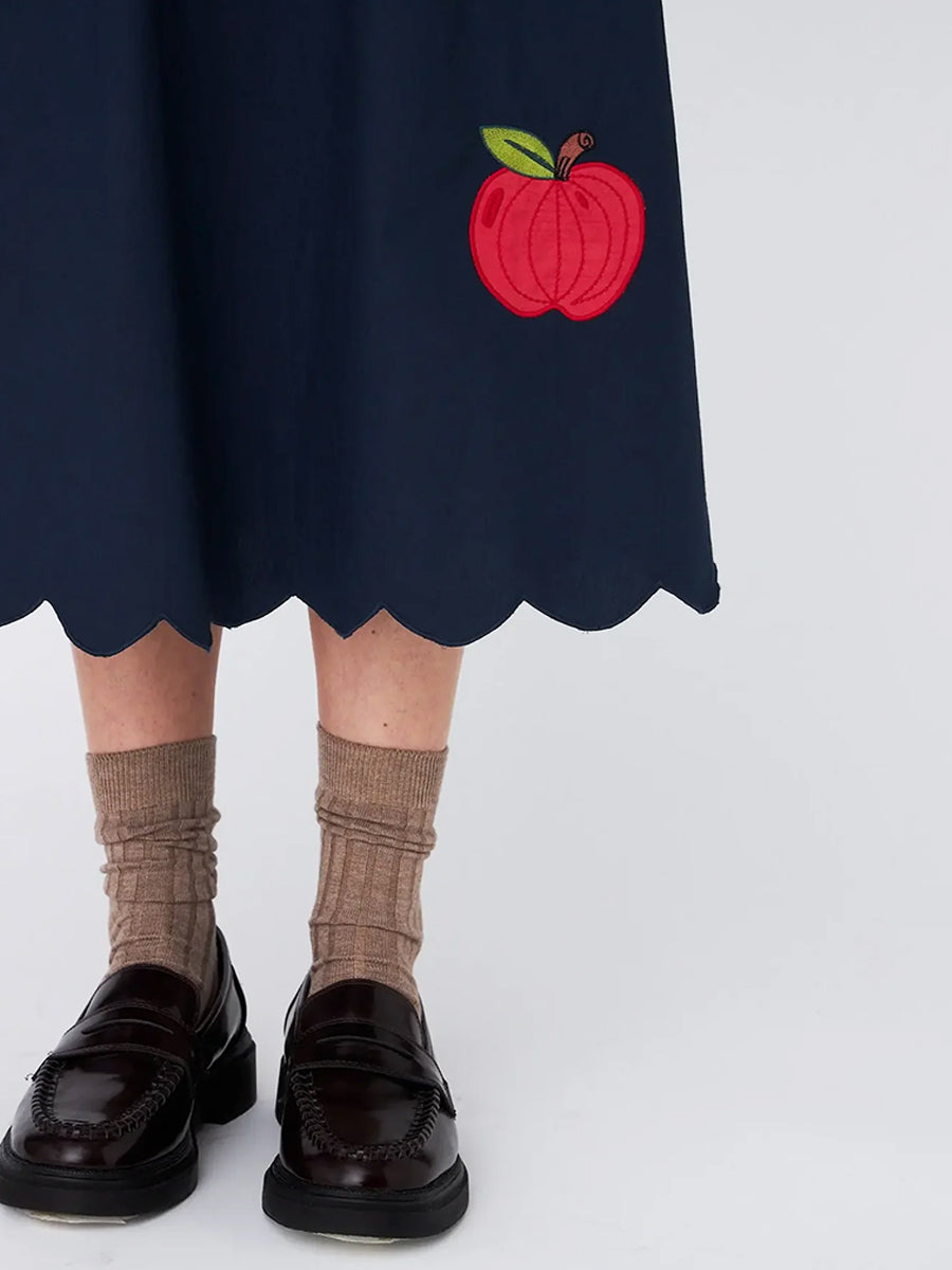 Embroidered Cotton Midi Dress - Navy