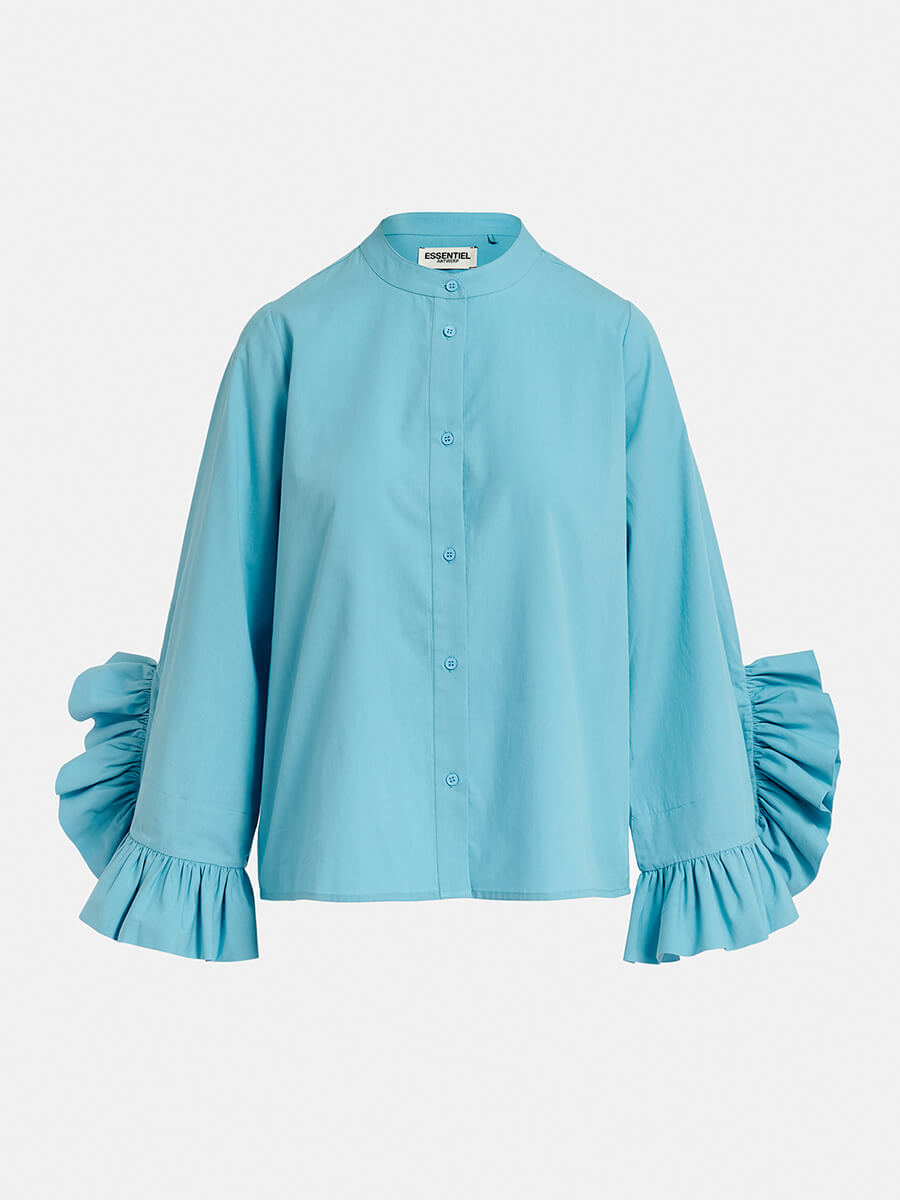 Essentiel Antwerp Famke Shirt - Middle Blue colour with frill sleeves