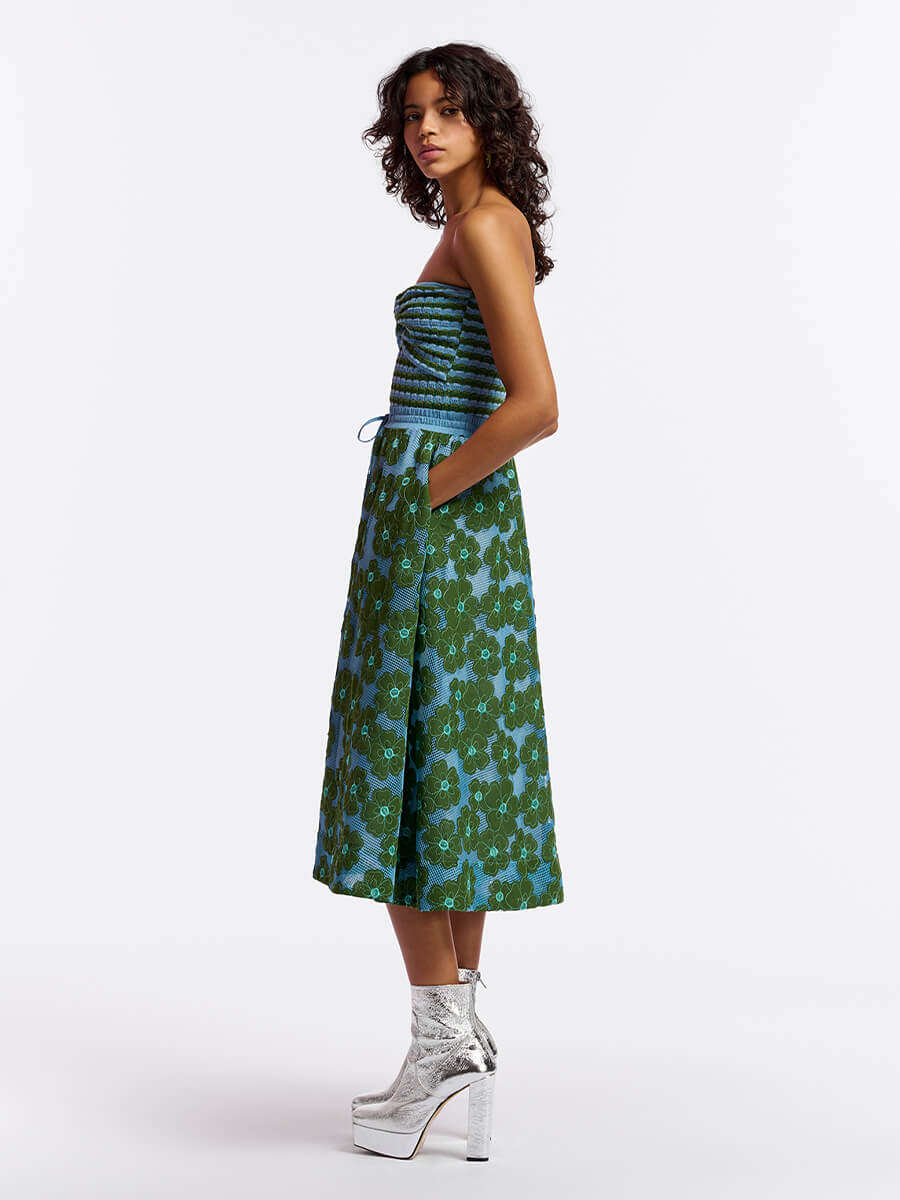 Essentiel Antwerp Feast Skirt blue mesh fabric with green embroidered flowers