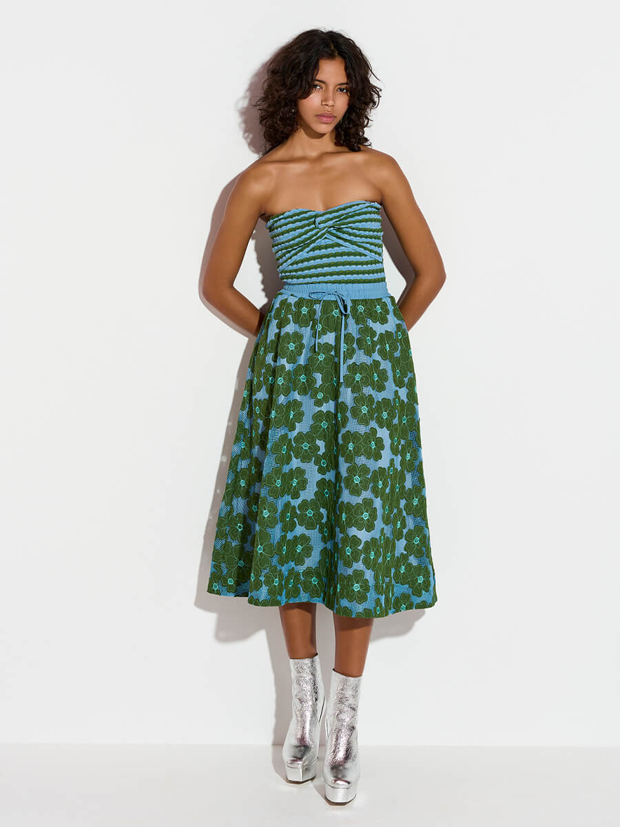 Essentiel Antwerp Feast Skirt blue mesh fabric with green embroidered flowers