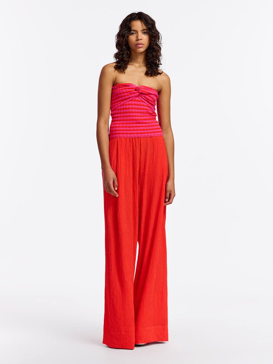 Essentiel Antwerp Flouride Top Pink/Red - Bandeau top with knot front and knitted rib