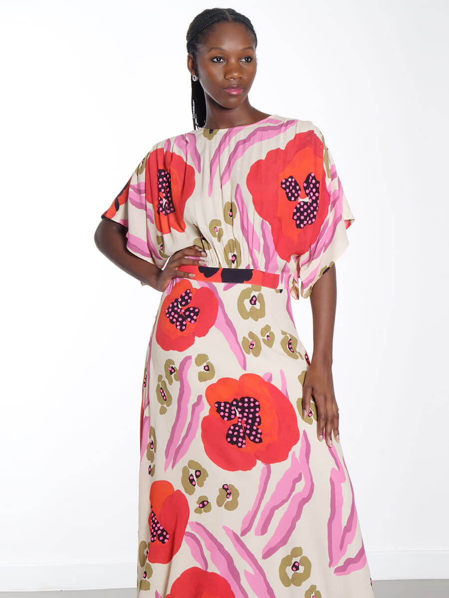 Essentiel Antwerp - Ecru, red and pink abstract print midi-length dress