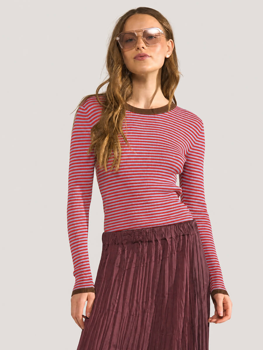 Numph - Filina Pullover - Purple Rose with pink and red stripes, red hem and cuff and brown contrast neckline