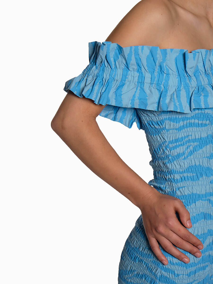 Printed Cotton Off-Shoulder Smock Midi Dress