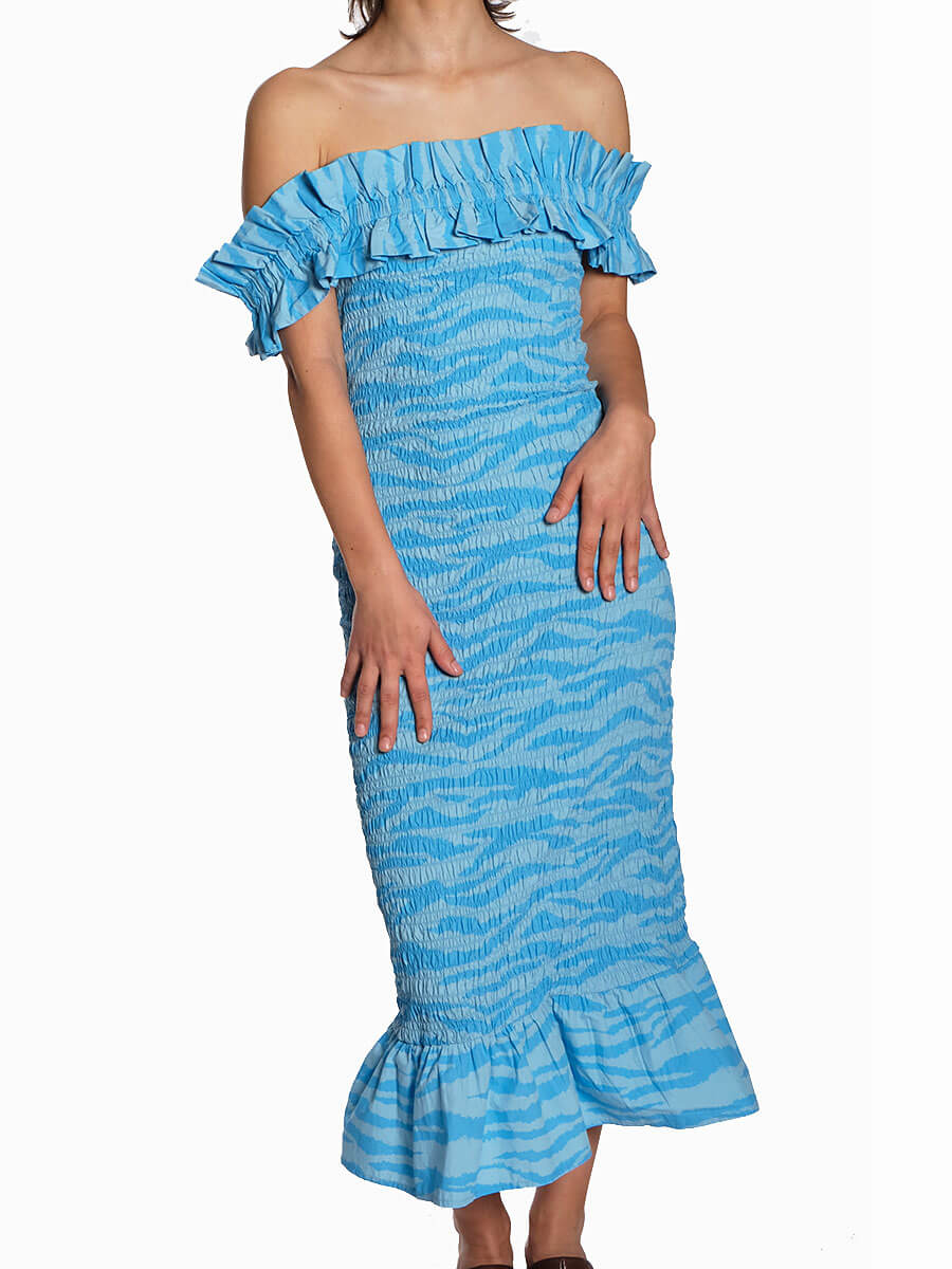 Printed Cotton Off-Shoulder Smock Midi Dress