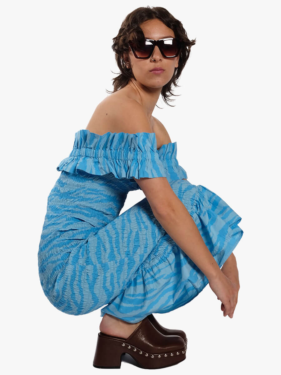 Printed Cotton Off-Shoulder Smock Midi Dress