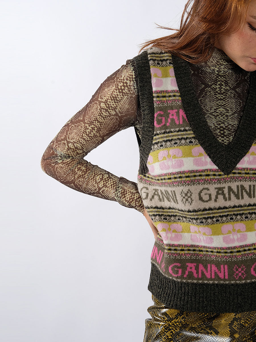 GANNI Green Logo Wool Mix Vest