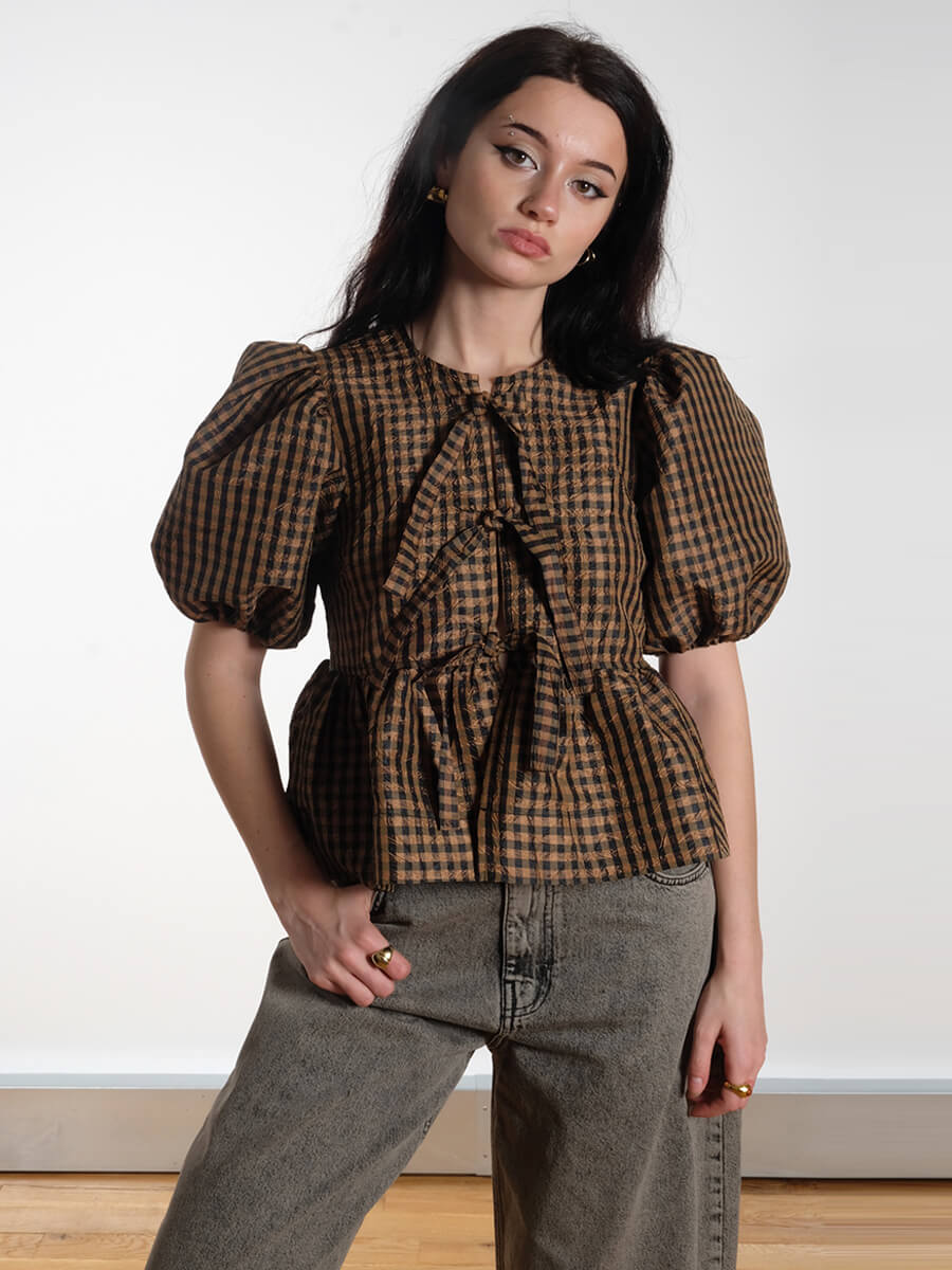GANNI
Crinkled Check Blouse - Tobacco Brown