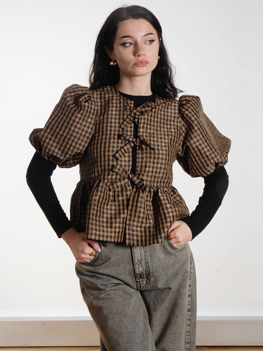 GANNI
Crinkled Check Blouse - Tobacco Brown