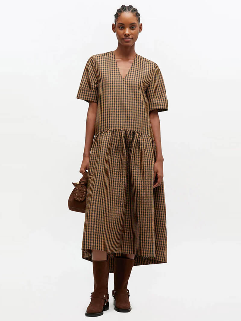GANNI
Crinkled Check Long Dress - Tobacco Brown