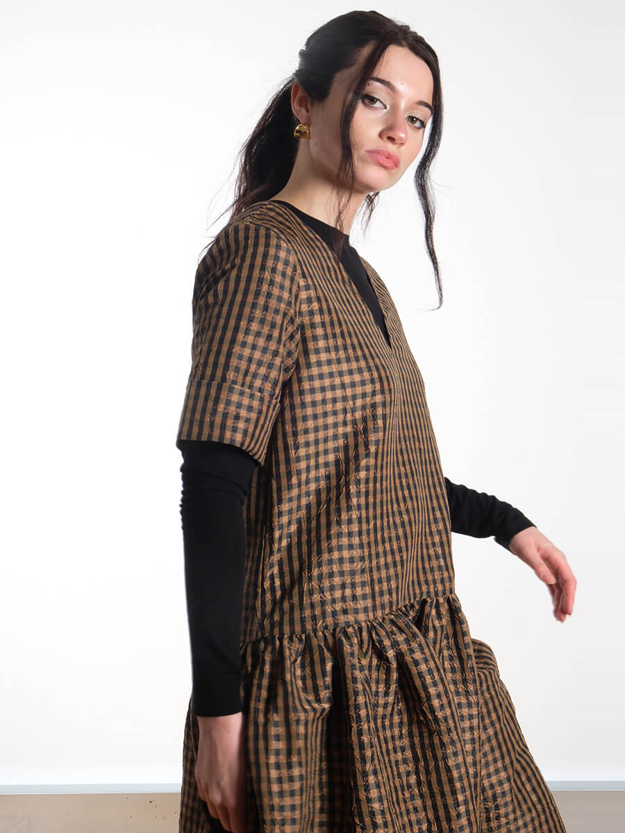 Crinkled Check Long Dress - Tobacco Brown