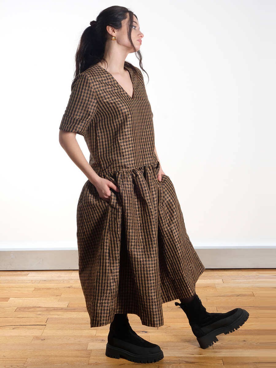 Crinkled Check Long Dress - Tobacco Brown