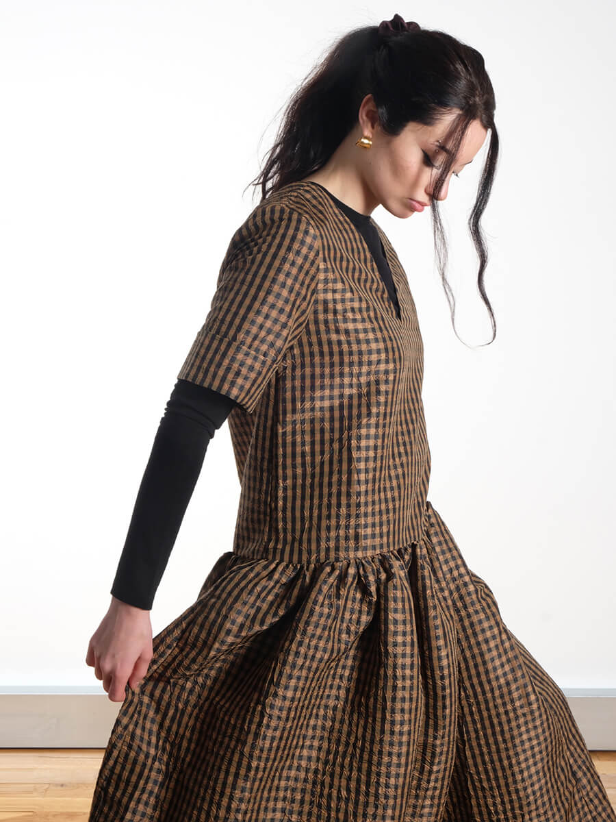 Crinkled Check Long Dress - Tobacco Brown