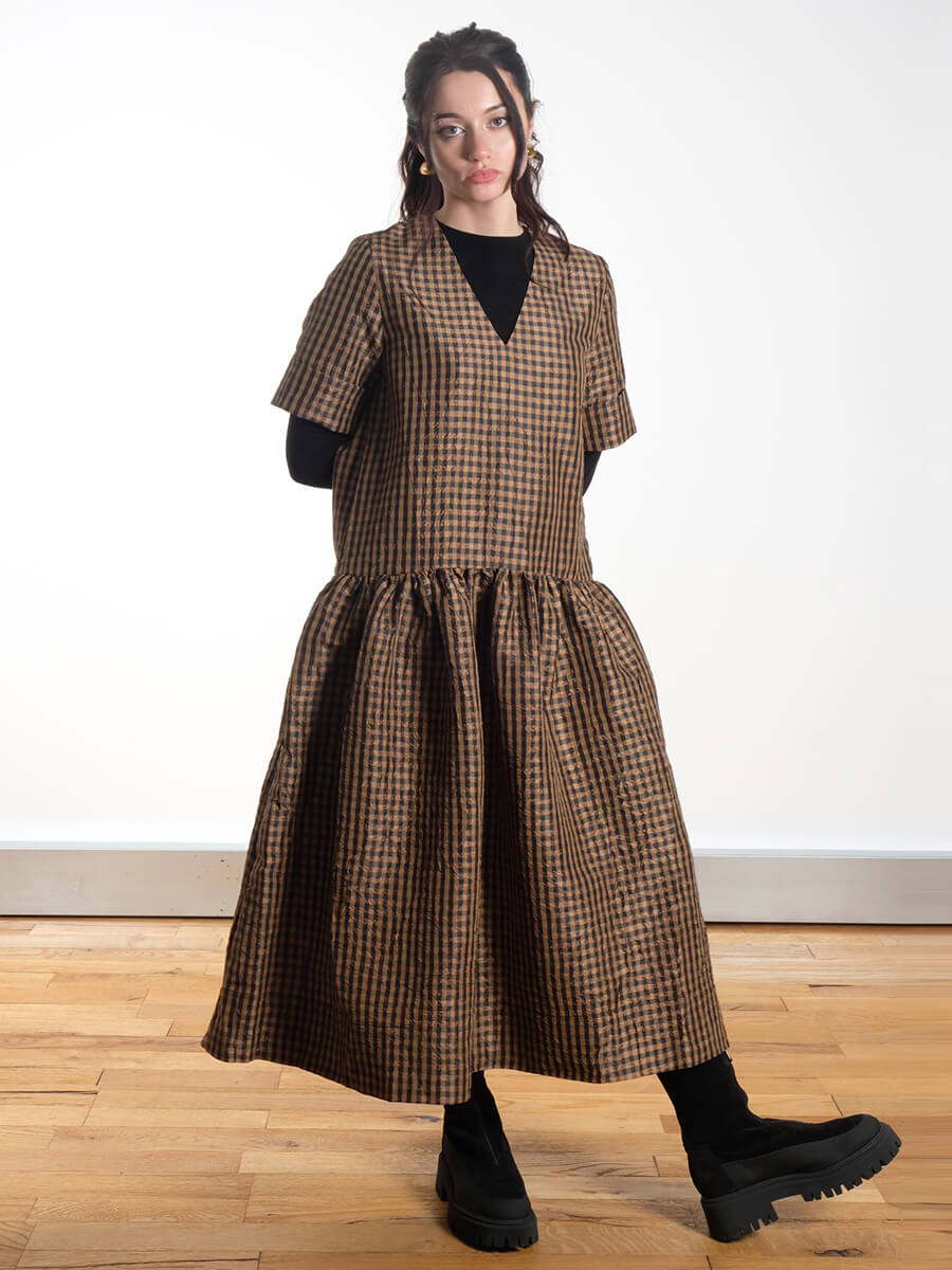 Crinkled Check Long Dress - Tobacco Brown