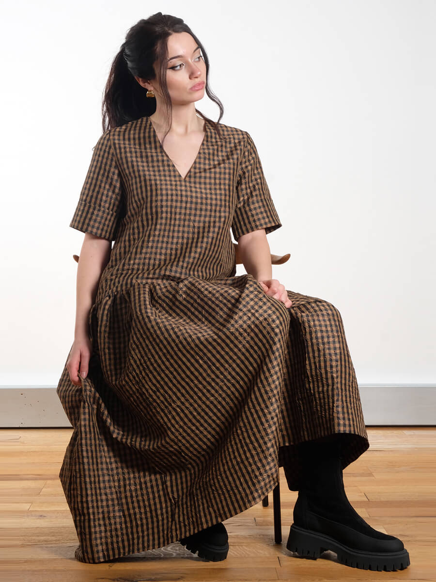 Crinkled Check Long Dress - Tobacco Brown