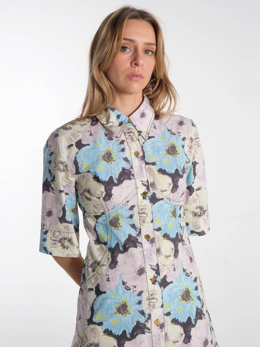 Floral Printed Cotton Long Shirt Dress