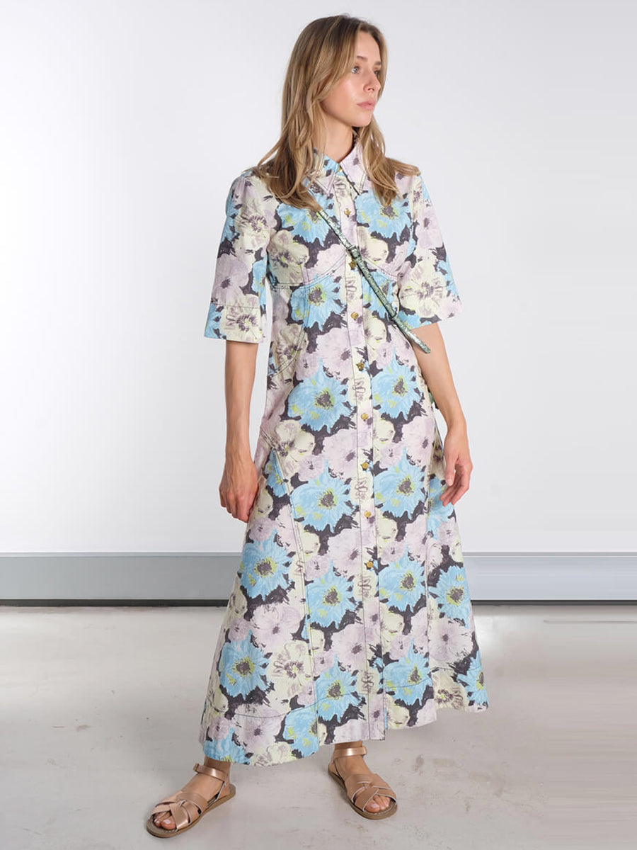 Floral Printed Cotton Long Shirt Dress
