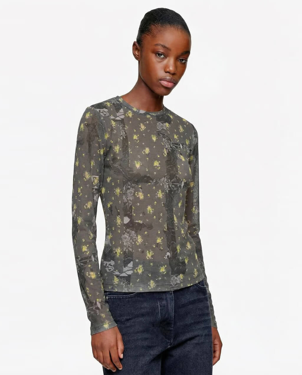 GANNI
Printed Marl Mesh Long-Sleeve Top - Black Sand