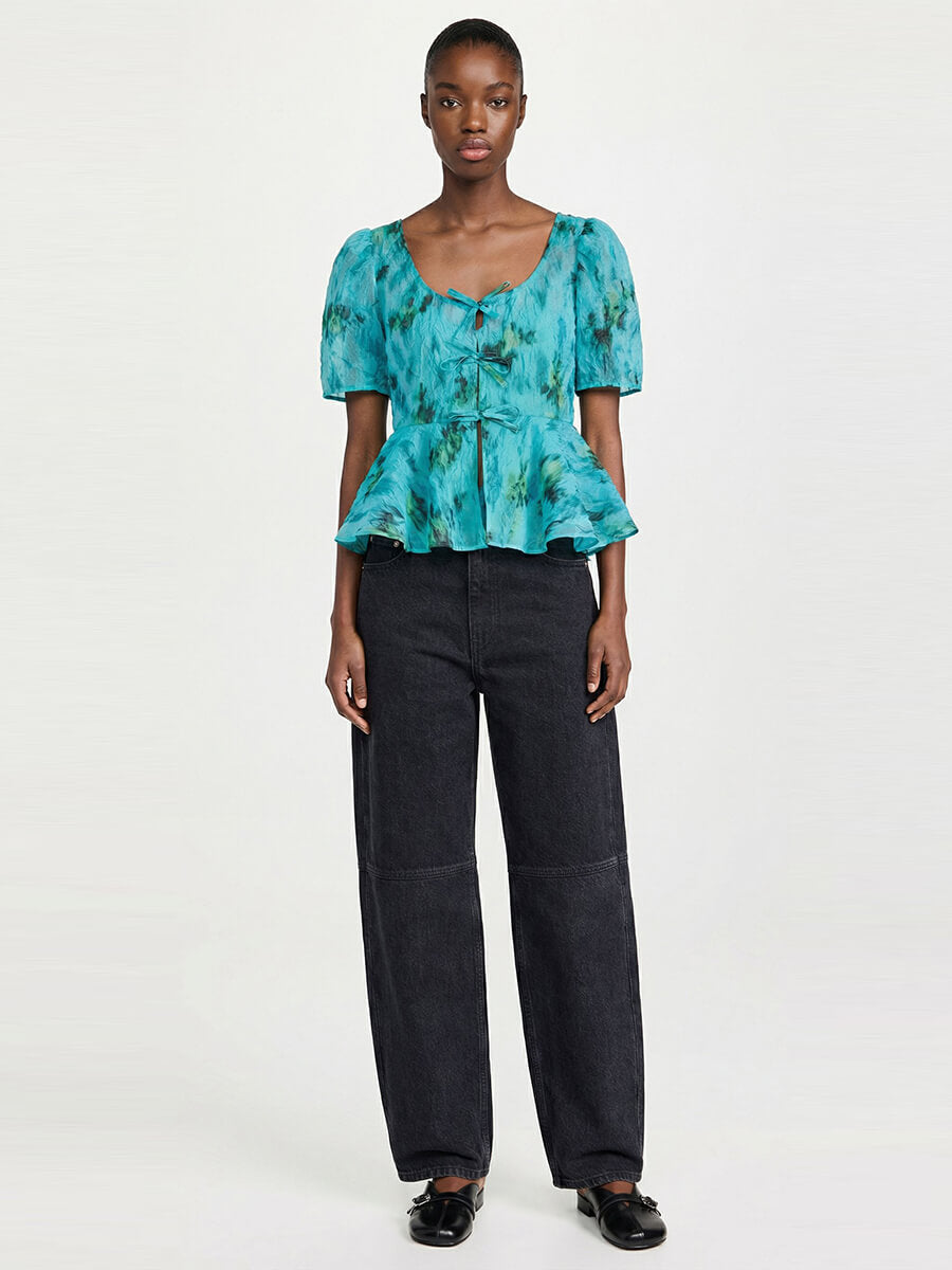 GANNI
Printed Shibori Organza Peplum Blouse - Baltic