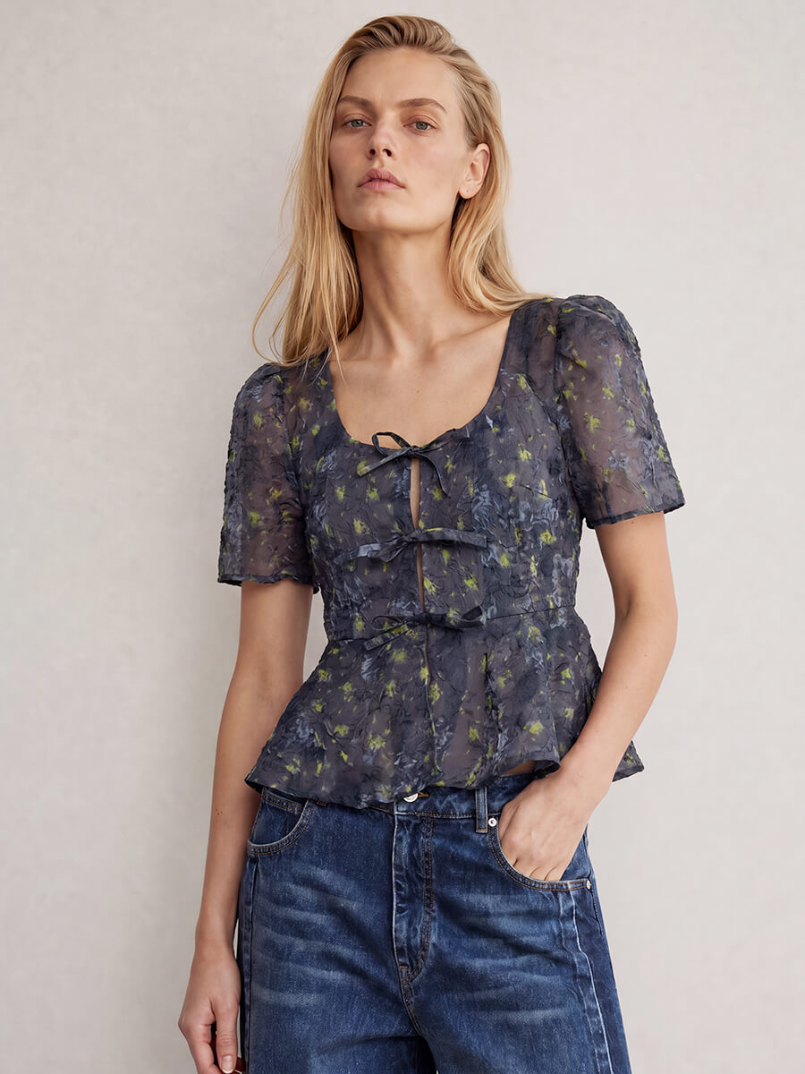 GANNI
Printed Shibori Organza Peplum Blouse - Black