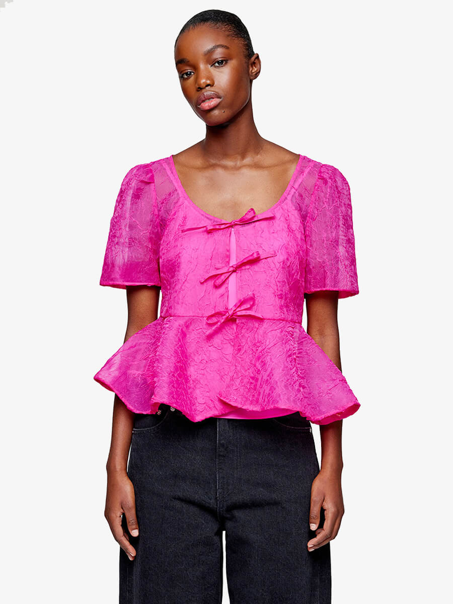 GANNI
Printed Shibori Organza Peplum Blouse - Rasberry Rose