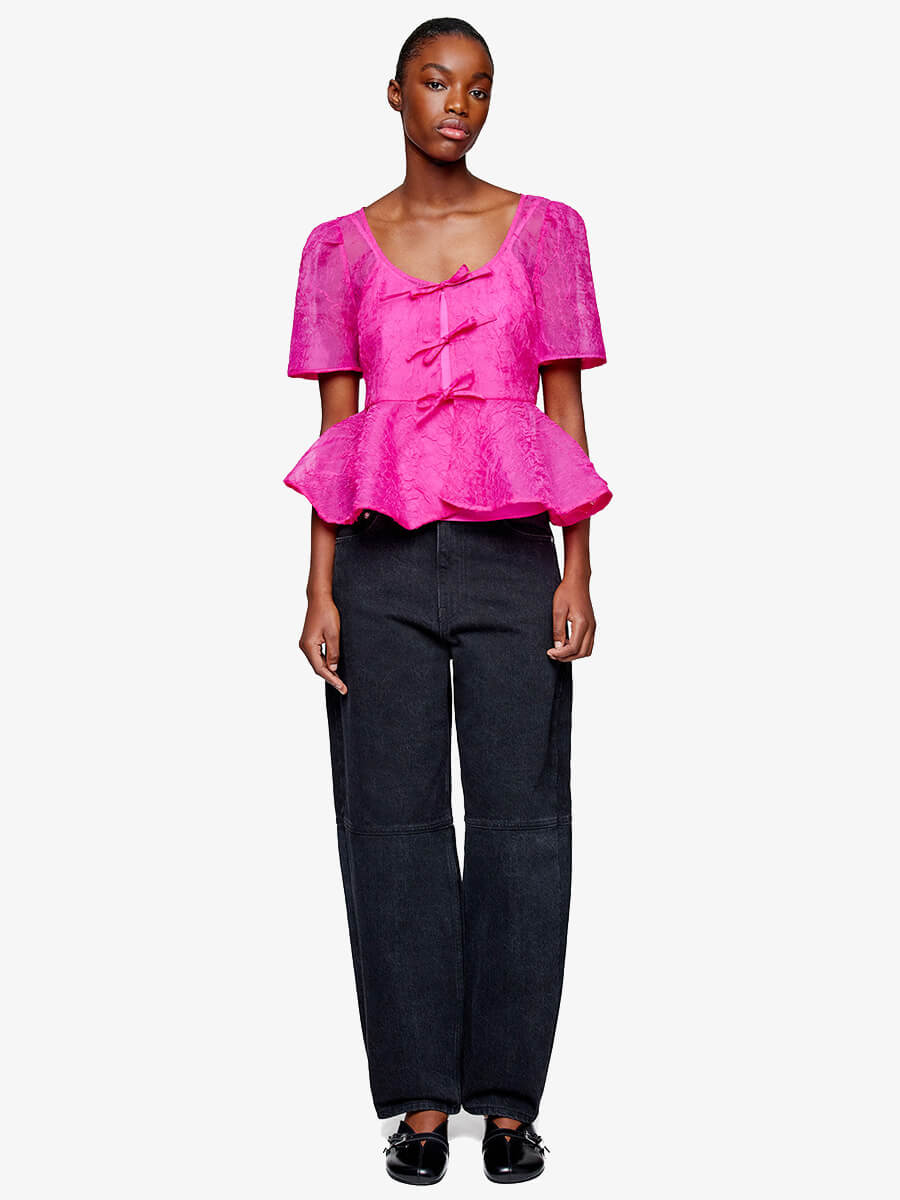 GANNI
Printed Shibori Organza Peplum Blouse - Rasberry Rose