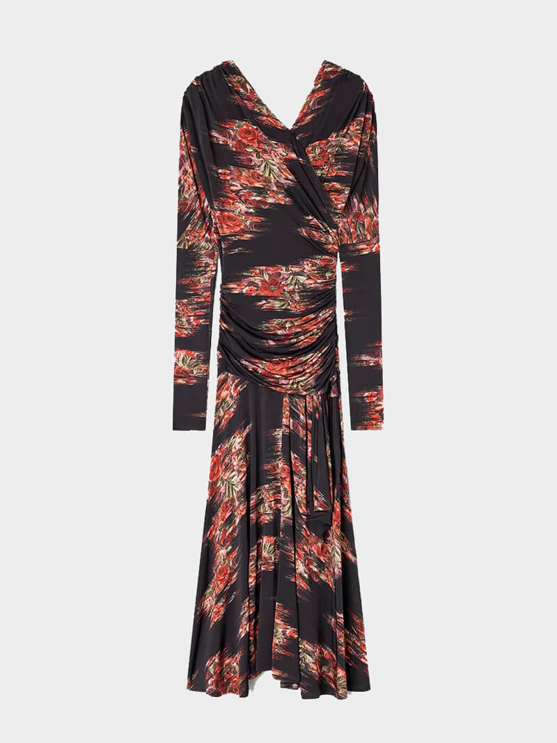 GANNI
Printed Shiny Jersey Ruched Long Dress