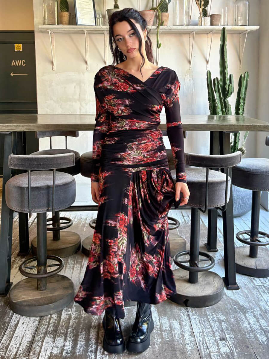 GANNI
Printed Shiny Jersey Ruched Long Dress