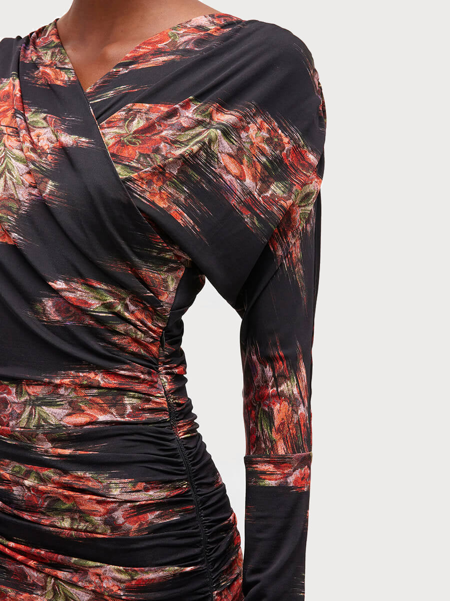 GANNI Printed Shiny Jersey Ruched Long Dress 