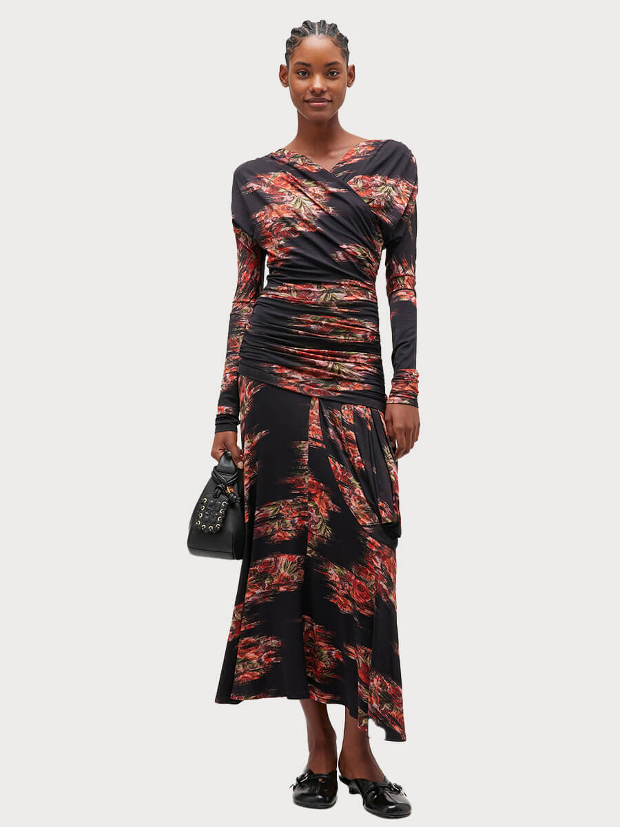 GANNI Printed Shiny Jersey Ruched Long Dress 