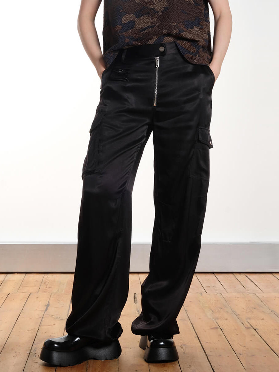 GANNI Washed Satin Pants- Black 