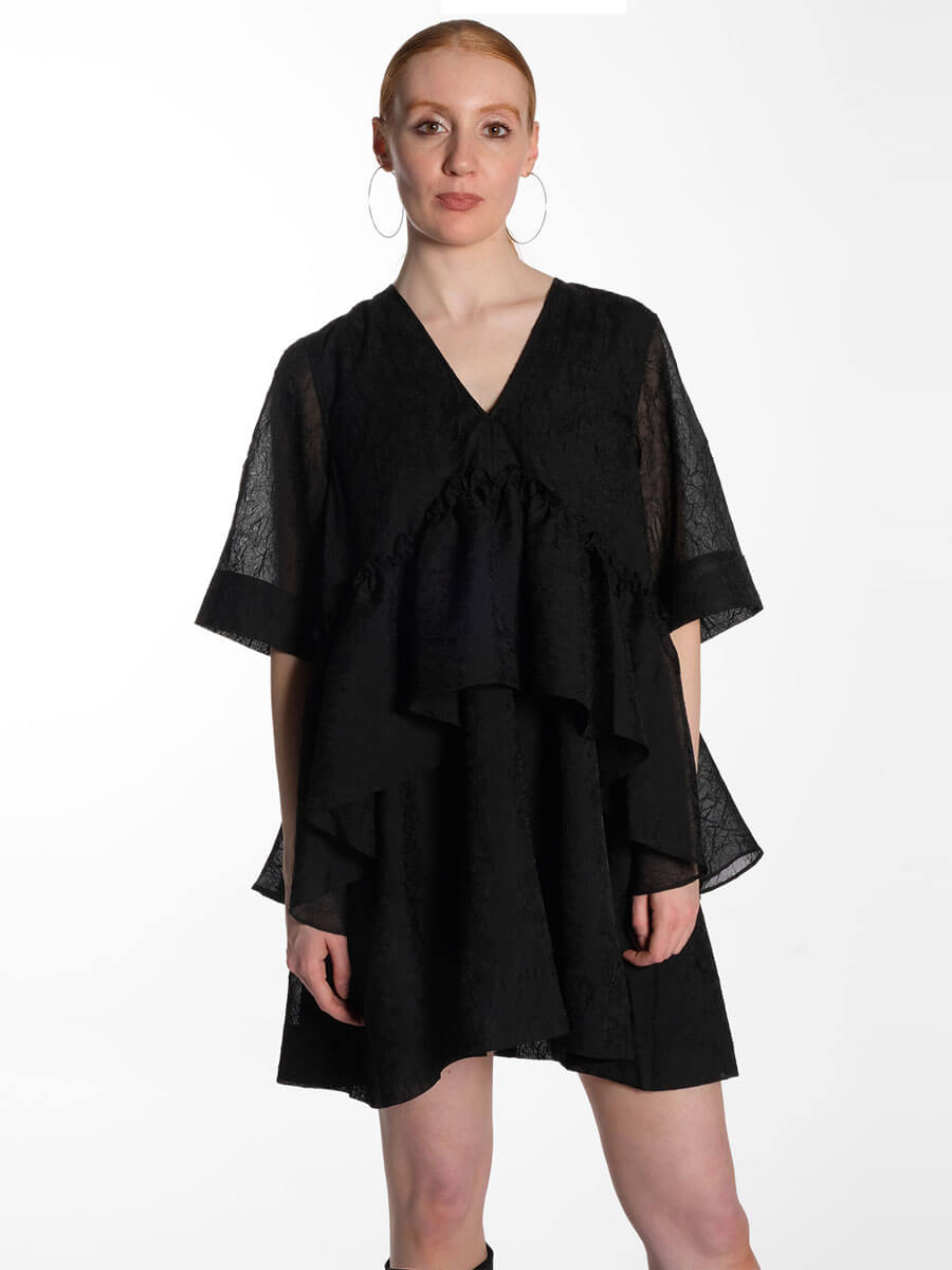 Ganni Black Crinkled Georgette Flounce Mini Dress 