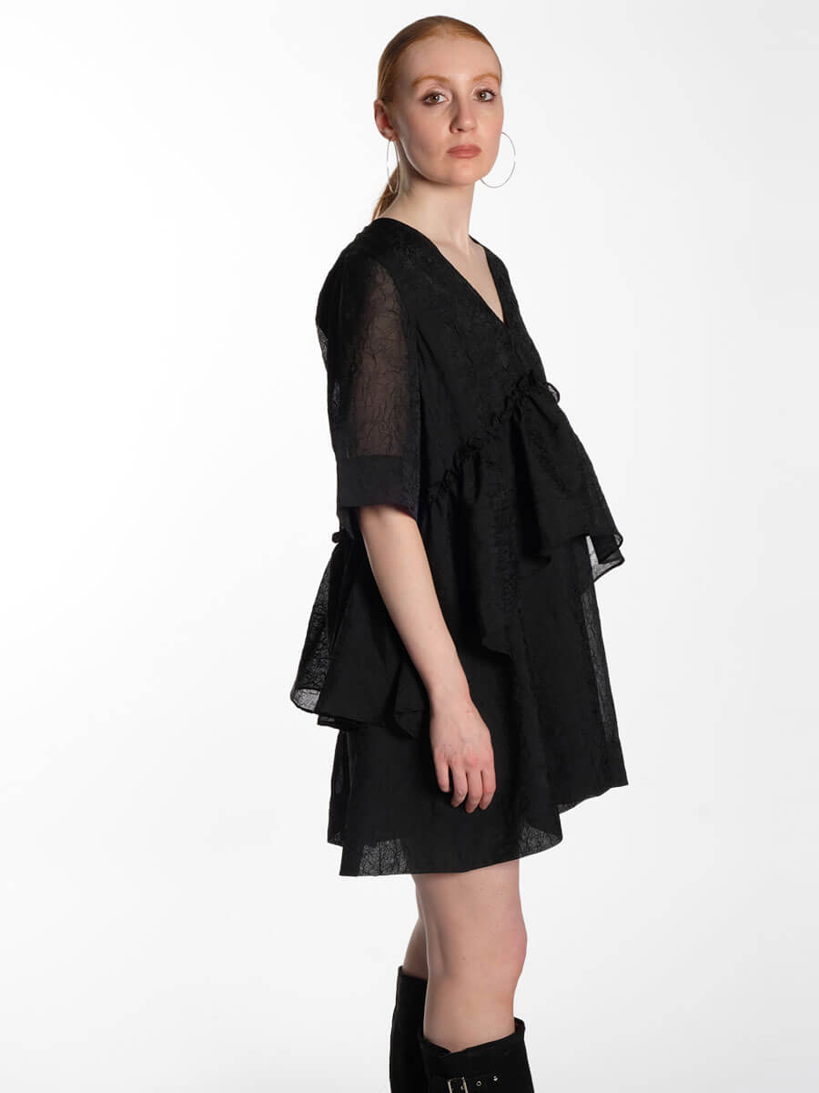 Ganni Black Crinkled Georgette Flounce Mini Dress 
