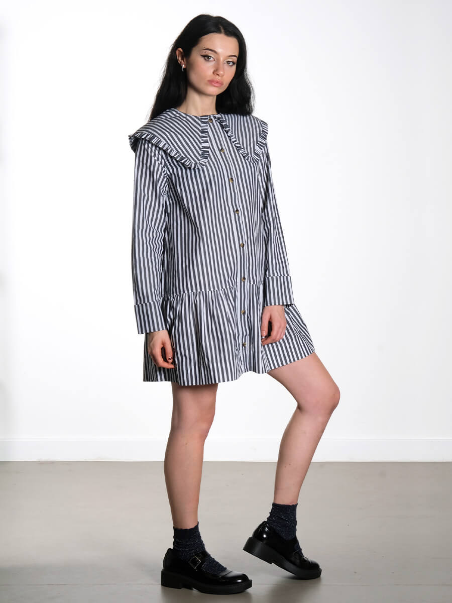 Ganni-Black-and-White-Stripe-Mini-Shirt-Dress