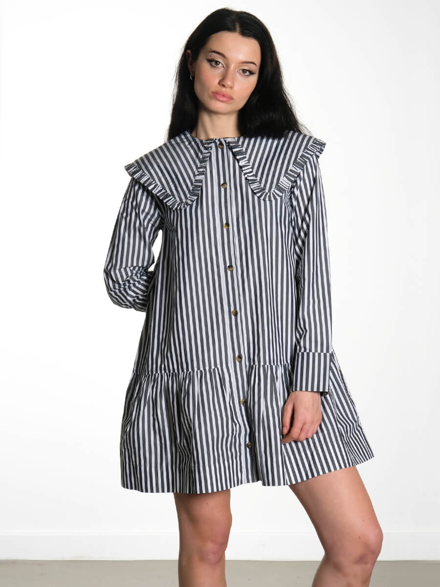 Ganni-Black-and-White-Stripe-Mini-Shirt-Dress