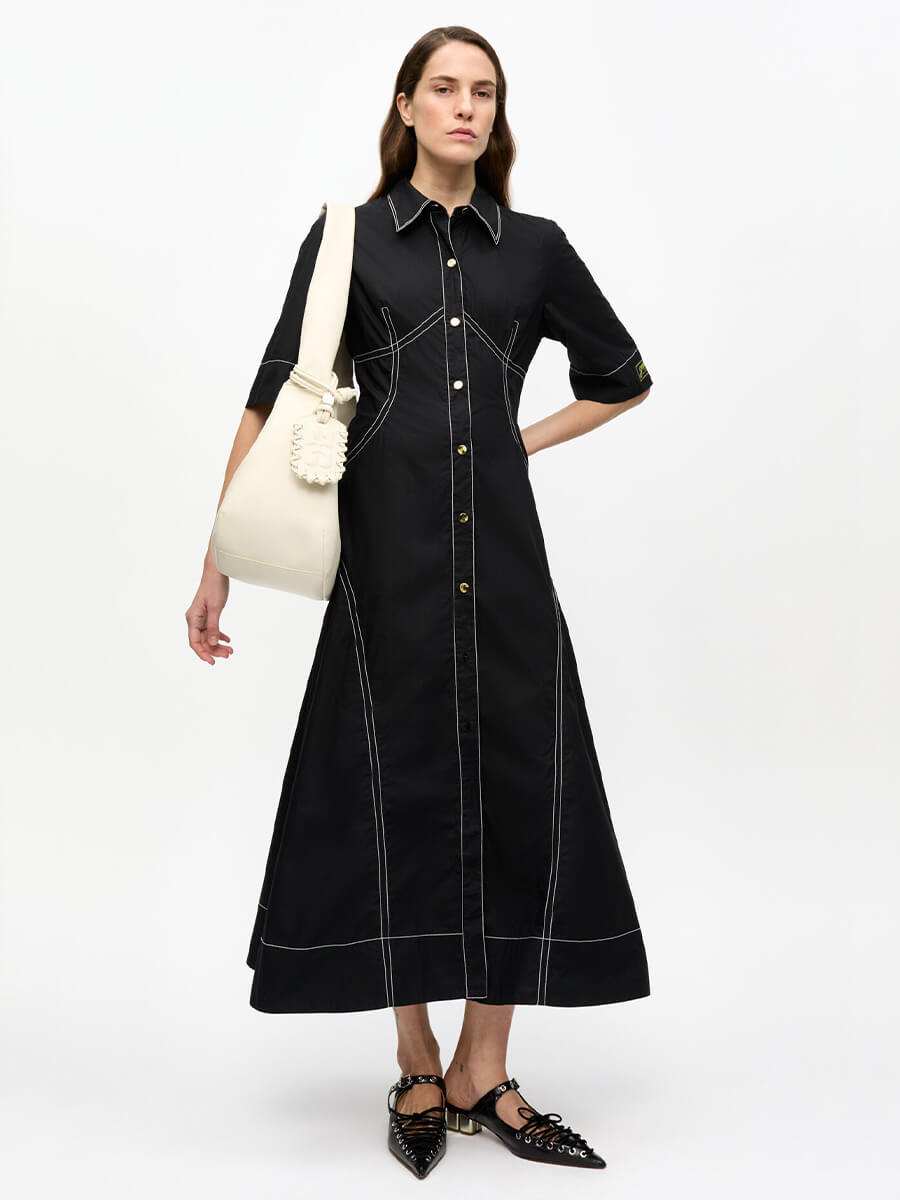 Ganni-Cotton-Poplin-Shirt-Dress-Black