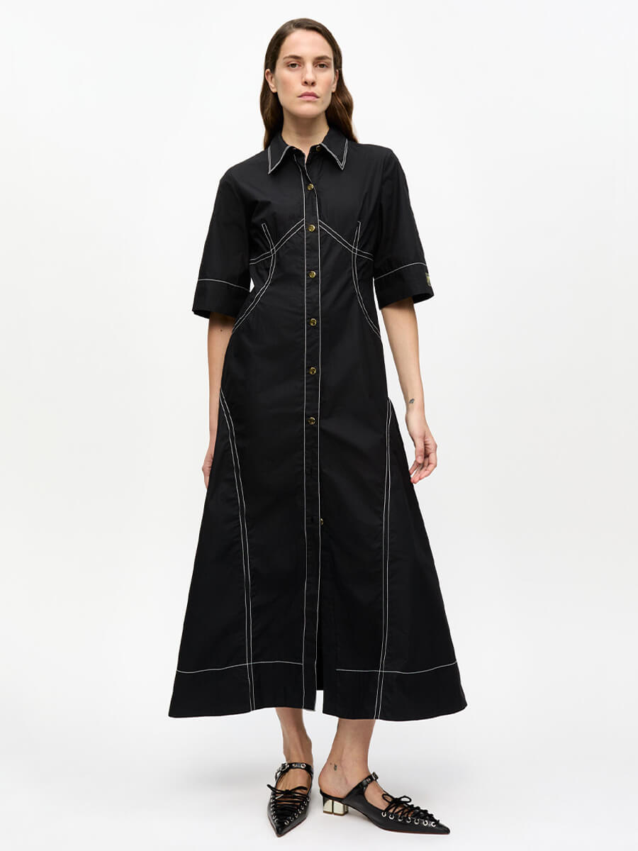 Ganni-Cotton-Poplin-Shirt-Dress-Black