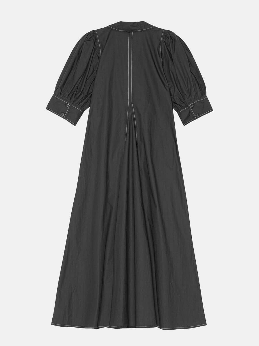 Ganni-Cotton-Poplin-V-neck-Midi-Dress-Black