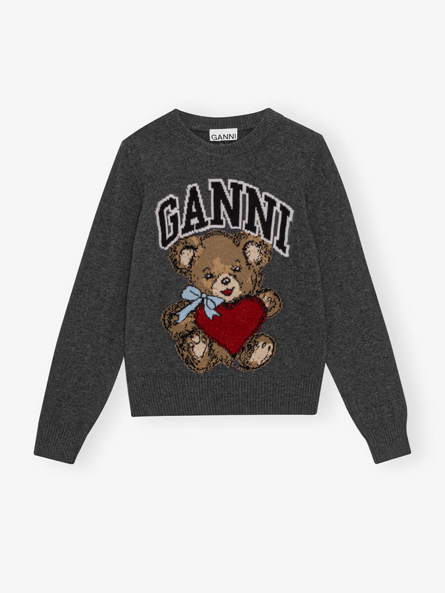 Ganni-Dark-Grey-Graphic-Bear-Jumper