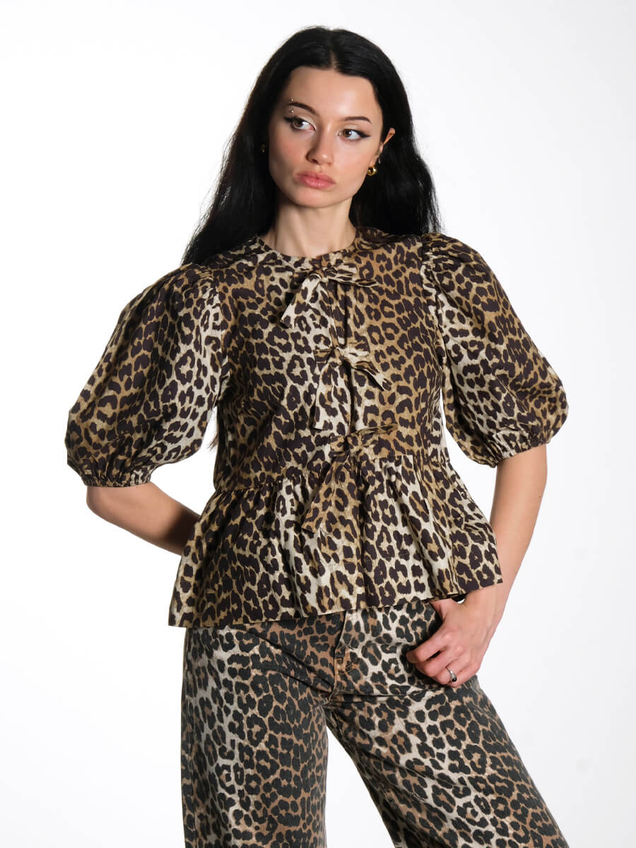 Ganni - Leopard Cotton Poplin Peplum Tie Blouse
