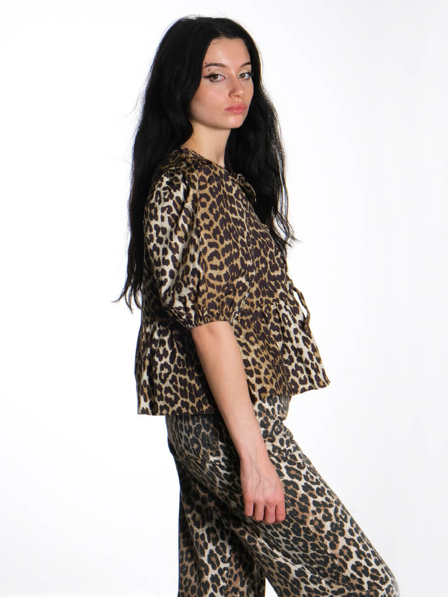 Leopard Cotton Poplin Peplum Tie Blouse