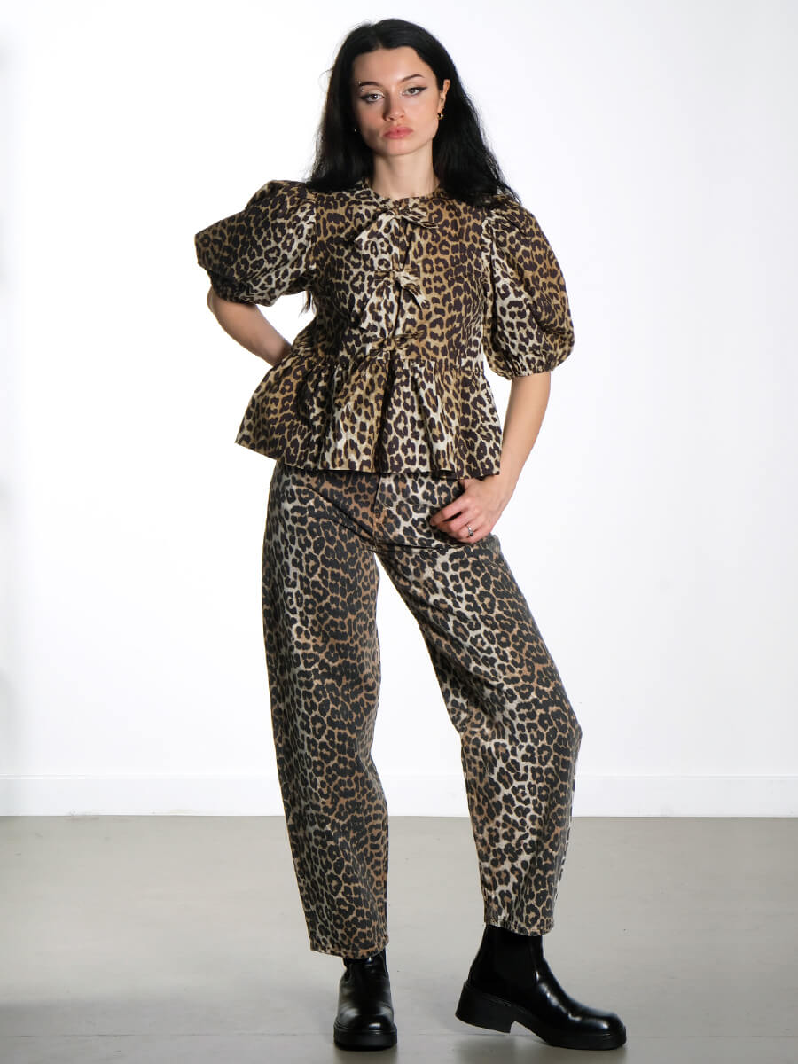 Leopard Cotton Poplin Peplum Tie Blouse