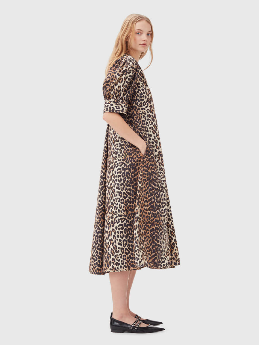 Ganni  Leopard Cotton Poplin V-neck Maxi Dress