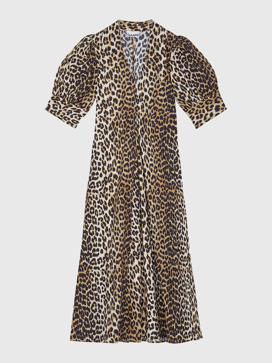 Leopard Cotton Poplin V-neck Maxi Dress