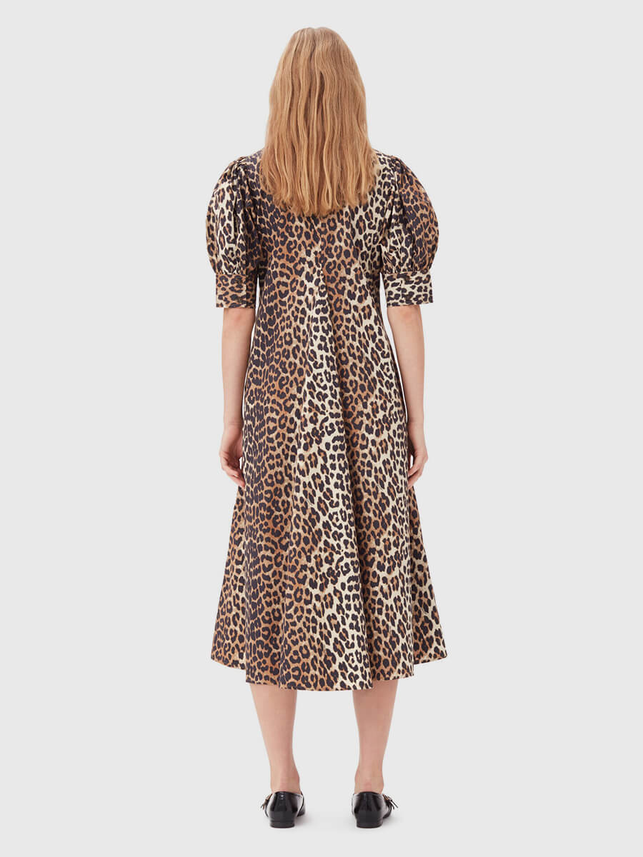 Leopard Cotton Poplin V-neck Maxi Dress