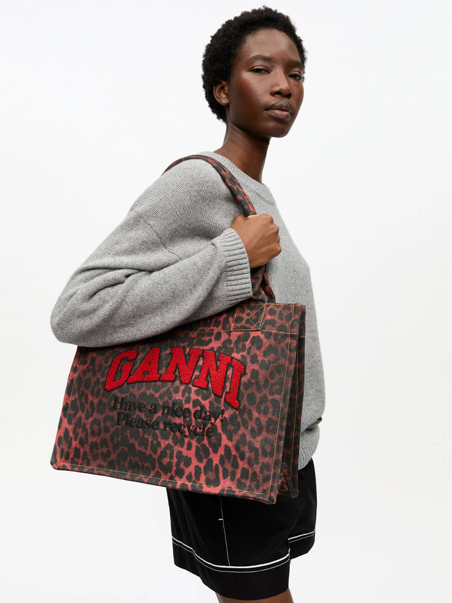 Ganni-Leopard Print Canvas Tote Bag-Racing Red